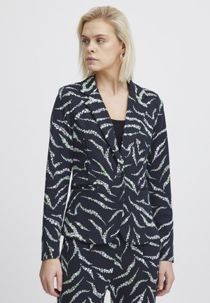 Navy blazer with green and white abstract pattern, single button closure, sharp lapels, and side pockets; made of smooth fabric.