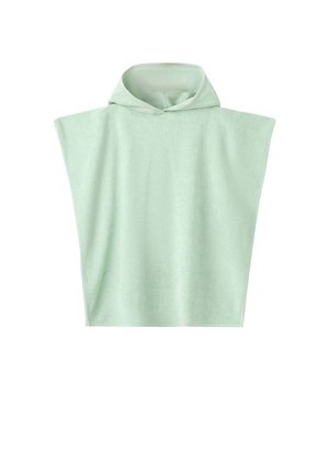 Svetlozelené pončo z uteráka s kapucňou a širokými otvormi na ruky, vyrobené z mäkkej savoj látky, zobrazené na bielom pozadí.
