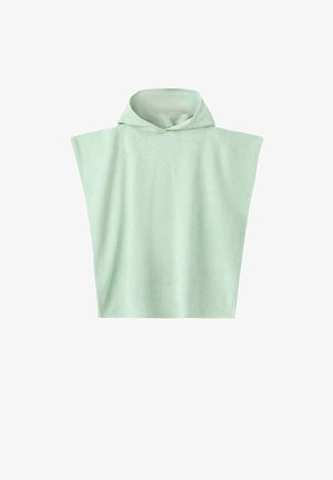 Hellgrünes Kapuzenhandtuch-Poncho mit weiten Armausschnitten, aus weichem, saugfähigem Stoff, dargestellt vor weißem Hintergrund.