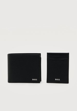 Black textured leather wallet and cardholder set with silver "BOSS" logo on white background.