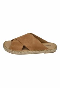 Brown suede slide sandal featuring a cross-strap design, natural braided jute midsole, and smooth leather insole. Casual and breathable style.