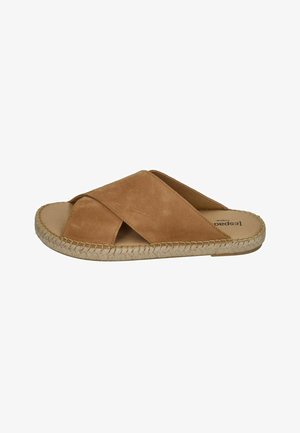 Brown suede slide sandal featuring a cross-strap design, natural braided jute midsole, and smooth leather insole. Casual and breathable style.