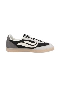 Black and white sneaker with a mesh upper, padded collar, and rubber sole. Features subtle grey accents and a streamlined silhouette.
