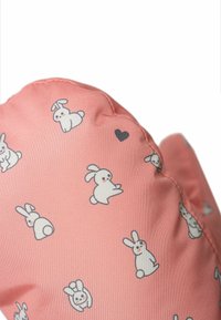 Pink fabric with a pattern of small white cartoon bunnies in various poses and a single small black heart.