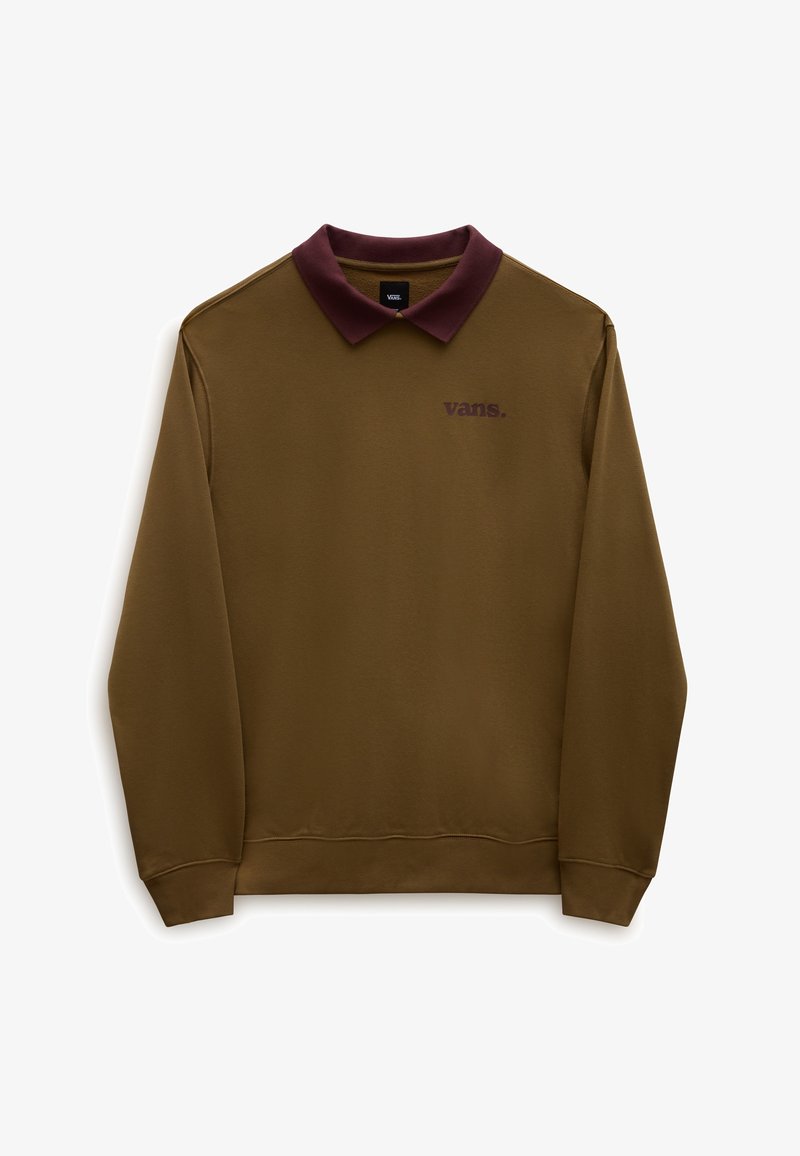 Polo manches longues vert olive avec un col bordeaux foncé et un petit logo Vans sur la partie supérieure gauche de la poitrine.