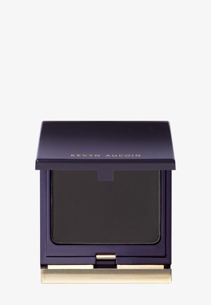 Zwarte oogschaduw in een compact met een glanzend diep paarse deksel, met gouden letters. Het compact heeft een gestructureerd binnenoppervlak en een gouden scharnier.