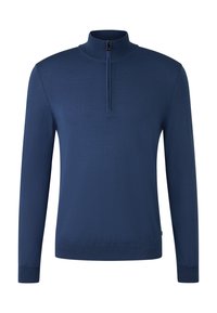 Dunkelblauer Langarmpullover mit halbem Reißverschluss, Stehkragen und gerippten Bündchen und Saum.
