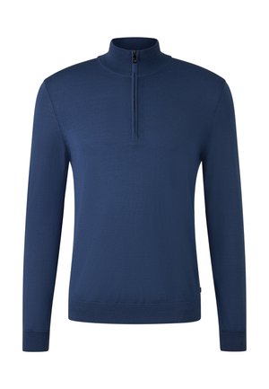 Navy blue long-sleeve pullover with a half-zip mock neck and ribbed cuffs and hem.