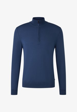 Mørkeblå langærmet pullover med halvvindelås, mock neck og ribbede manchetter og kant.