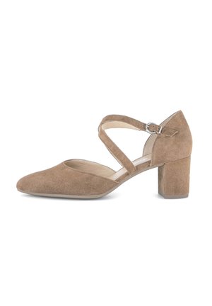 Brown suede high-heeled shoe with a pointed toe, crisscross ankle strap, and a block heel. Smooth texture with minimalist design.
