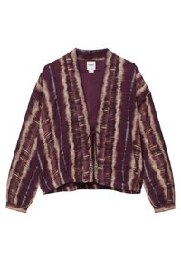 Cardigan à manches longues motif tie-dye bordeaux et beige, devant ouvert et fermeture à cordon à la taille.