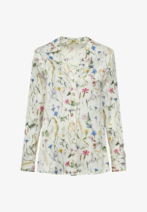 Koszula z długim rękawem z lekkiego materiału, z białym tłem i kolorowym wzorem kwiatowym oraz zapięciem na guziki.