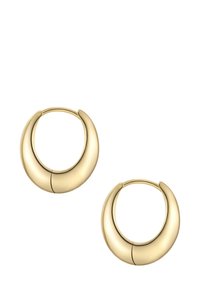 Zlate hoop uhane s kovinskim, gladkim dizajnom. Imajo oblik polmeseca in sijočo površino. Sponke so brezhibno integrirane.