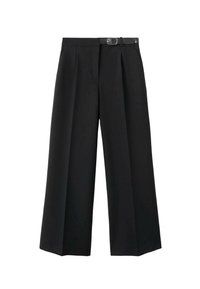 Zwarte pantalon met wijdere pijpen, gemaakt van geweven stof, met een ceintuur in de taille, plooien en een soepele textuur.