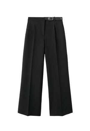 Pantalones negros de pierna ancha hechos de tejido entrelazado, con cintura ceñida, pliegues y una textura suave.