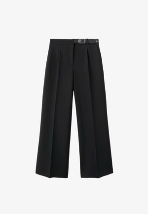 Pantalones negros de pierna ancha hechos de tejido entrelazado, con cintura ceñida, pliegues y una textura suave.