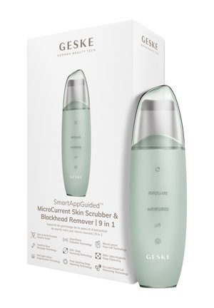 Nettoyeur de peau MicroCurrent GESKE avec fonctions d'exfoliation, d'hydratation et de lifting, présenté à côté de sa boîte d'emballage blanche.