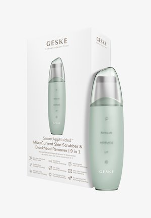 Nettoyeur de peau MicroCurrent GESKE avec fonctions d'exfoliation, d'hydratation et de lifting, présenté à côté de sa boîte d'emballage blanche.