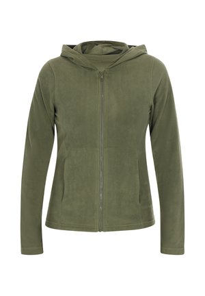 Olivgrüne, gefütterte Fleecejacke mit Kapuze, Frontreißverschluss, langen Ärmeln und zwei Seitentaschen. Glatte Textur und figurschmeichelndes Design.