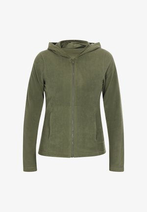Olive green hooded fleece jacket with a front zipper, long sleeves, and two side pockets. Smooth texture and fitted design.