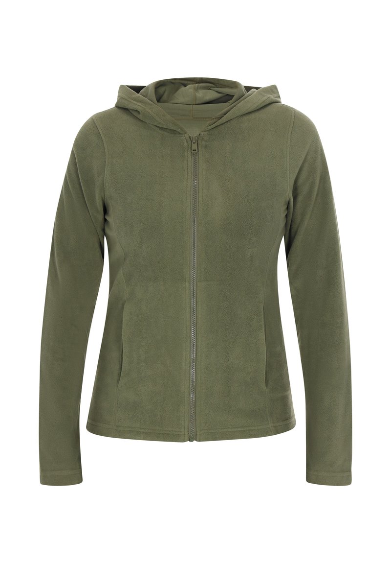 Olivgrüne, gefütterte Fleecejacke mit Kapuze, Frontreißverschluss, langen Ärmeln und zwei Seitentaschen. Glatte Textur und figurschmeichelndes Design.