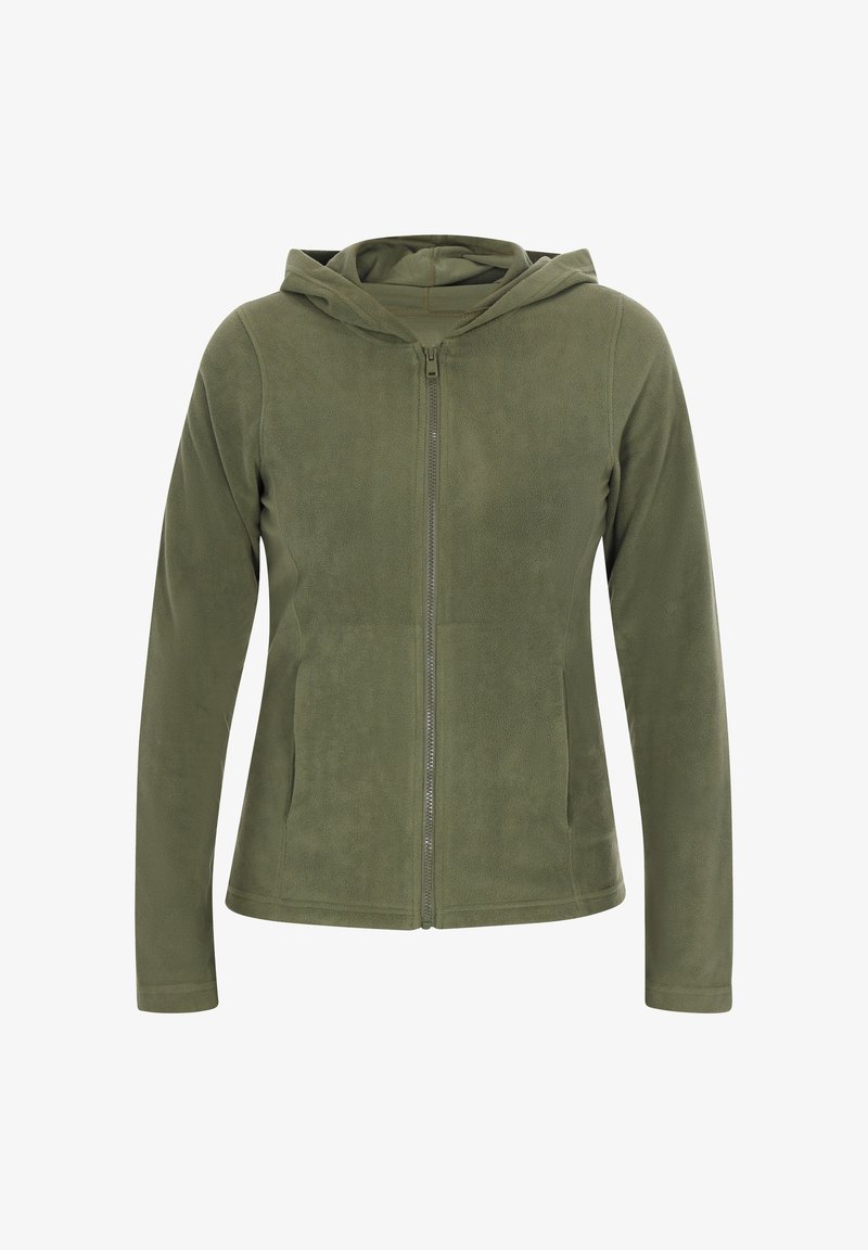 Veste en polaire à capuche vert olive avec une fermeture éclair à l'avant, des manches longues et deux poches latérales. Texture lisse et coupe ajustée.