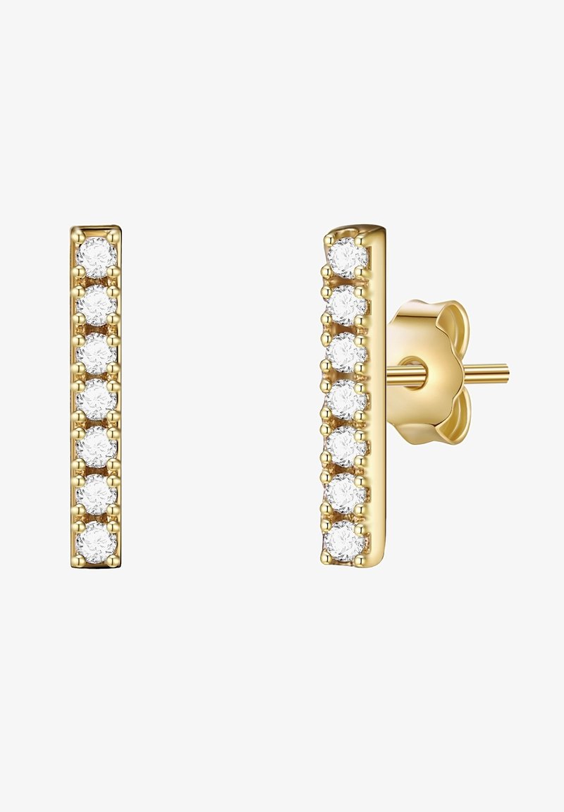 Orecchini rettangolari dorati caratterizzati da una fila di cristalli rotondi e trasparenti sulla parte anteriore, con una chiusura a forma di fiore per un fissaggio sicuro.