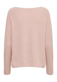 Jasnoróżowy, oversize sweter z dzianiny o szerokim dekolcie, długich rękawach i teksturowanym wykończeniu, z lekko skróconym tyłem.