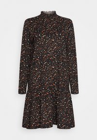 Mustikka mekko pitkilla hihoilla, kuppikannan rypytetty kaula-aukko, kerrostettu helma, jossa on värikäs pilkullinen kuvio oranssissa, valkoisessa ja kermassa. Kevyt kangas.