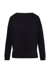 Zwarte sweatshirt met een relaxte pasvorm, ronde halslijn, verlaagde schouders en ribgebreide manchetten. Eenvoudig ontwerp zonder zichtbare patronen of accenten.