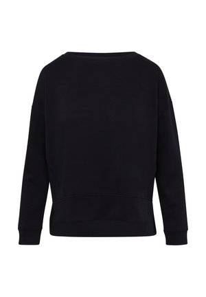 Schwarzer Pullover mit lockerer Passform, Rundhalsausschnitt, überschnittenen Schultern und gerippten Bündchen. Schlichtes Design ohne sichtbare Muster oder Akzente.