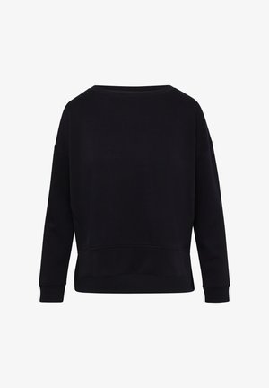 Schwarzer Pullover mit lockerer Passform, Rundhalsausschnitt, überschnittenen Schultern und gerippten Bündchen. Schlichtes Design ohne sichtbare Muster oder Akzente.