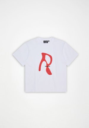 White short-sleeve t-shirt with abstract red shape resembling the letter "R" and small black numbers "13042012" in the center front.