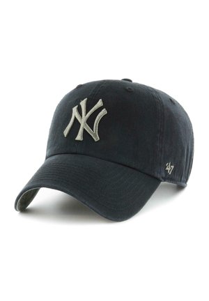 Dark blue baseball cap made of cotton, featuring a raised gray NY logo on the front and a smaller logo on the side. Curved brim.