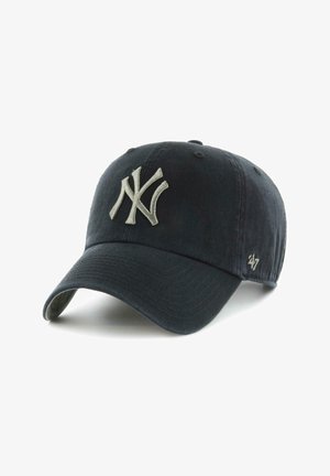 Dark blue baseball cap made of cotton, featuring a raised gray NY logo on the front and a smaller logo on the side. Curved brim.