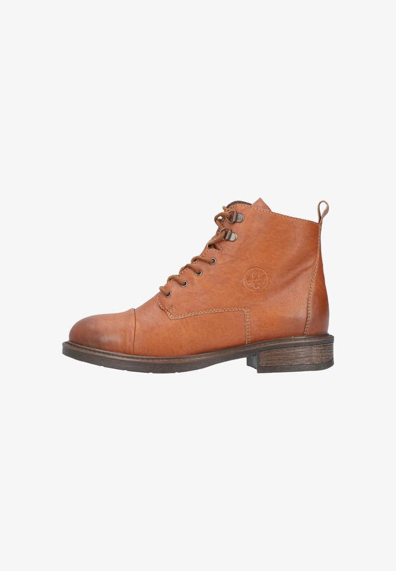 Brown leather ankle boots with a rounded toe, lace-up design, and a small heel. Features reinforcing stitching and a logo detail on the side.