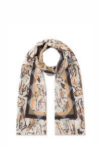 Sciarpa leggera con un motivo animale giocoso nei toni beige, marrone e blu. Il design presenta accenti geometrici e una texture morbida.