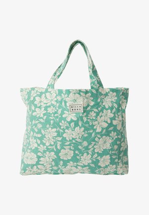 Borsa a tracolla floreale turchese in tessuto, con motivo a fiori bianchi, due manici robusti e forma rettangolare per un interno spazioso.