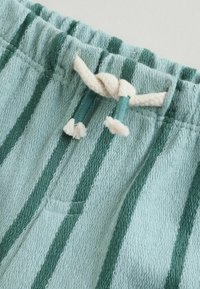 Světle modré šortky z froté látky s tmavě zelenými pruhy. Mají elastický pas, šňůrku se zauzlovanými konci a malou přední kapsu.