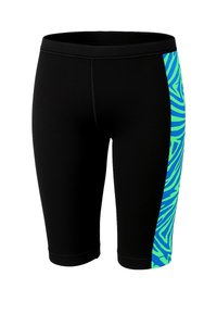 Shorts de bain noirs arrivant aux genoux avec une rayure verticale abstraite bleu et vert sur le côté droit.