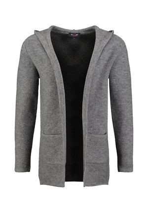 Cardigan grigio a maglia con apertura frontale, due tasche anteriori e cappuccio. Texture morbida e design casual, adatto per essere indossato a strati.