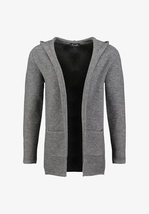 Cardigan gris de punto con un frente abierto, dos bolsillos delanteros y capucha. Textura suave y diseño casual, adecuado para superponer.