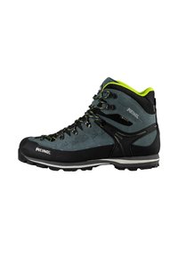 Wanderschuhe aus dunkelgrauem Wildleder und schwarzem Gummi, mit gelben Akzenten, Schnürsenkeln und einer strapazierfähigen, strukturierten Sohle für besseren Halt.