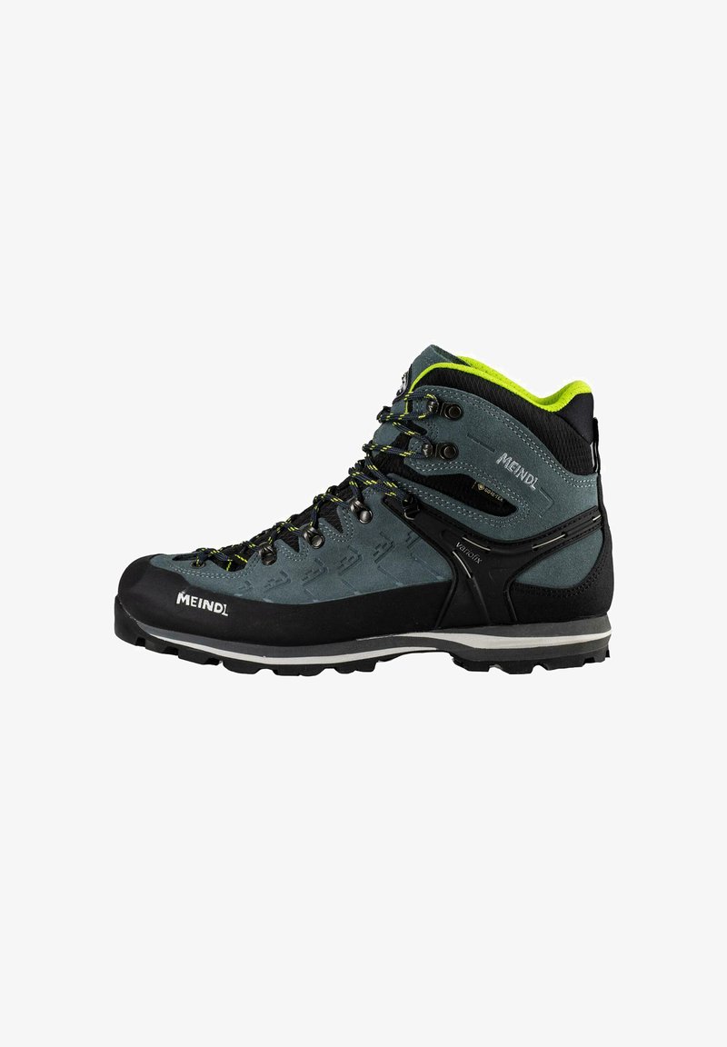 Wanderschuhe aus dunkelgrauem Wildleder und schwarzem Gummi, mit gelben Akzenten, Schnürsenkeln und einer strapazierfähigen, strukturierten Sohle für besseren Halt.