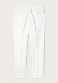 Pantalones blancos con diseño de pierna recta, lazos para cinturón y dos bolsillos traseros con cierres de botón, fabricados en un tejido ligero.