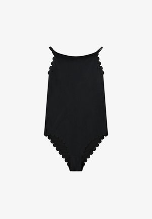 Must värvi ühekohaline ujumistrikoo, millel on lainelise äärega viimistlus, õhukesed õlapaelad ja sile tekstuur. Omab keha joont esile toovat liibuvat disaini.