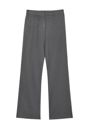 Pantaloni larghi a righe grigio con frontale piatto, passanti per cintura e due tasche laterali. Presentano una texture di tessuto liscia.