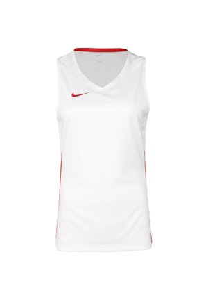 Débardeur de sport blanc sans manches avec un col en V, présentant des accents rouges sur les côtés et un col rouge. Logo Nike en rouge sur la poitrine.