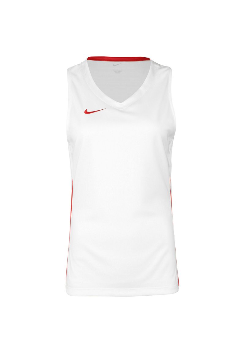 Canotta sportiva bianca senza maniche con scollatura a V, caratterizzata da dettagli rossi lungo i fianchi e un colletto rosso. Logo Nike rosso sul petto.