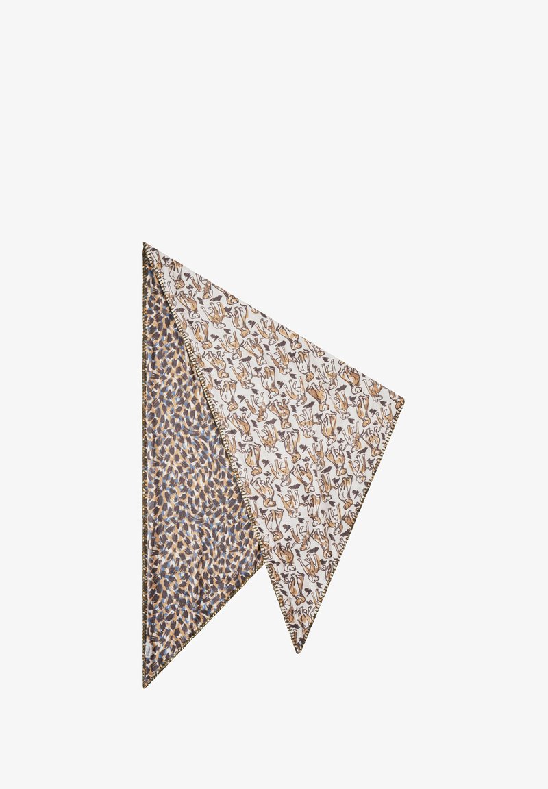 Écharpe triangulaire présentant deux motifs distincts : un imprimé géométrique marron et bleu, et un autre avec des illustrations d'animaux sur un fond clair.